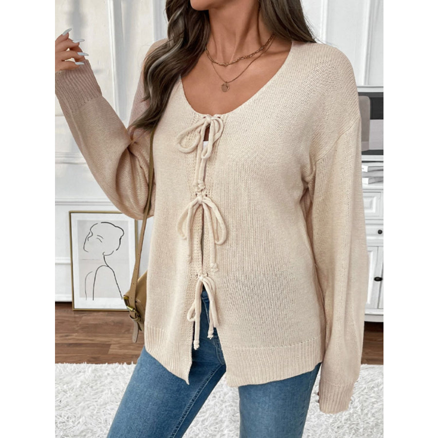 Perfee Tied Round Neck Long Sleeve Cardigan Apparel and Accessories