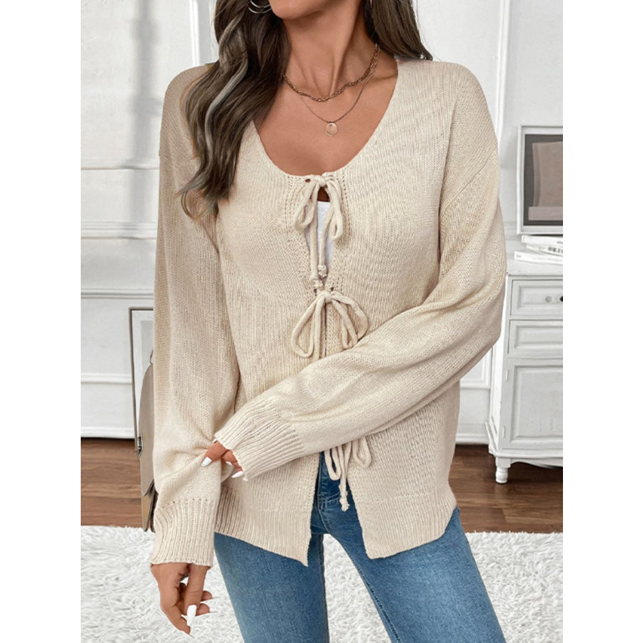 Perfee Tied Round Neck Long Sleeve Cardigan Cream / S Apparel and Accessories