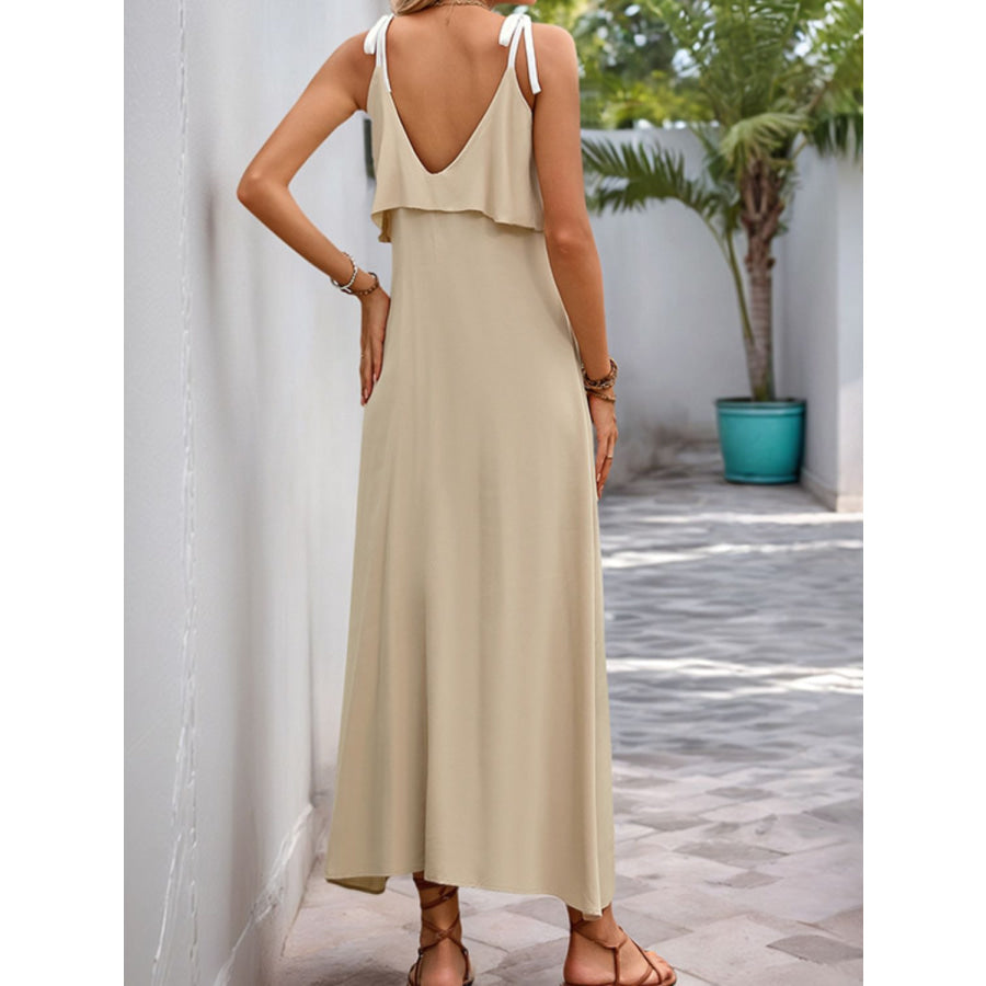 Perfee Tied Ruffled Scoop Neck Sleeveless Dress Tan / S Apparel and Accessories