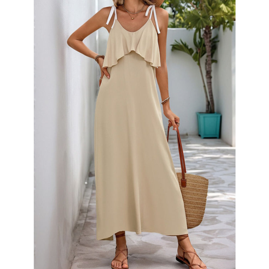 Perfee Tied Ruffled Scoop Neck Sleeveless Dress Tan / S Apparel and Accessories