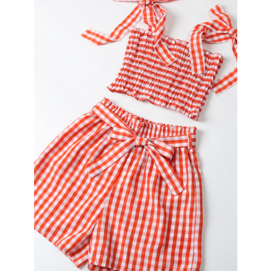 Perfee Tied Smocked Plaid Top and Shorts Set Apparel and Accessories