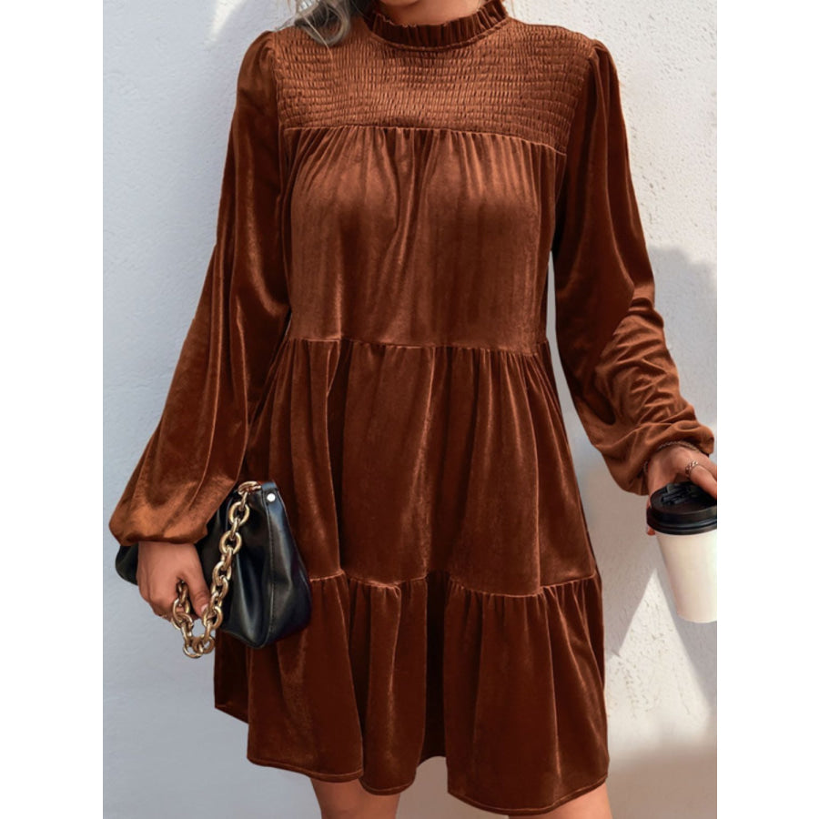 Perfee Tiered Ruched Mock Neck Long Sleeve Dress Apparel and Accessories