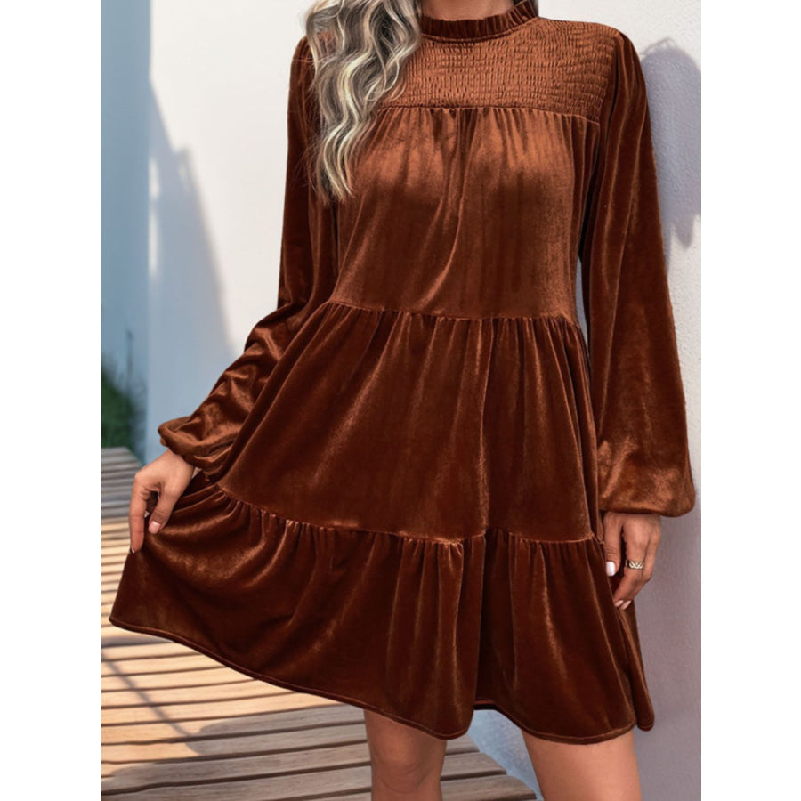 Perfee Tiered Ruched Mock Neck Long Sleeve Dress Apparel and Accessories