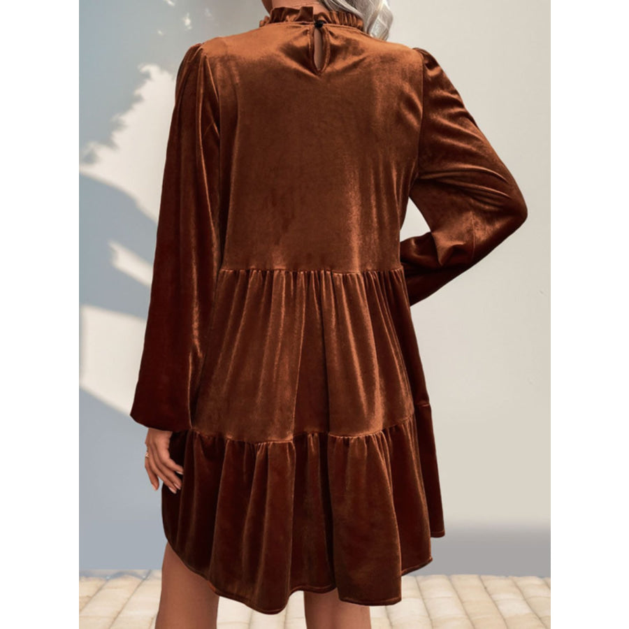 Perfee Tiered Ruched Mock Neck Long Sleeve Dress Apparel and Accessories