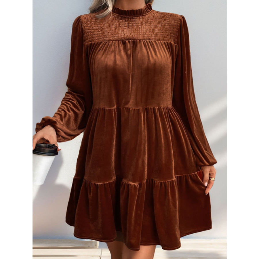 Perfee Tiered Ruched Mock Neck Long Sleeve Dress Apparel and Accessories