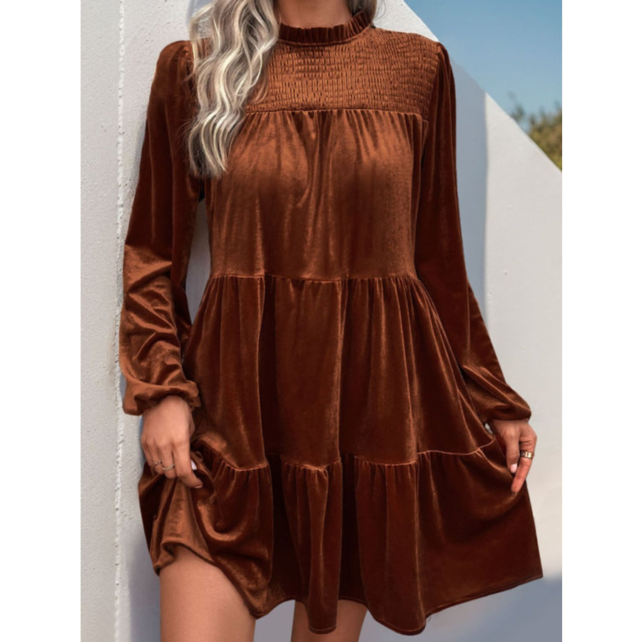 Perfee Tiered Ruched Mock Neck Long Sleeve Dress Caramel / S Apparel and Accessories