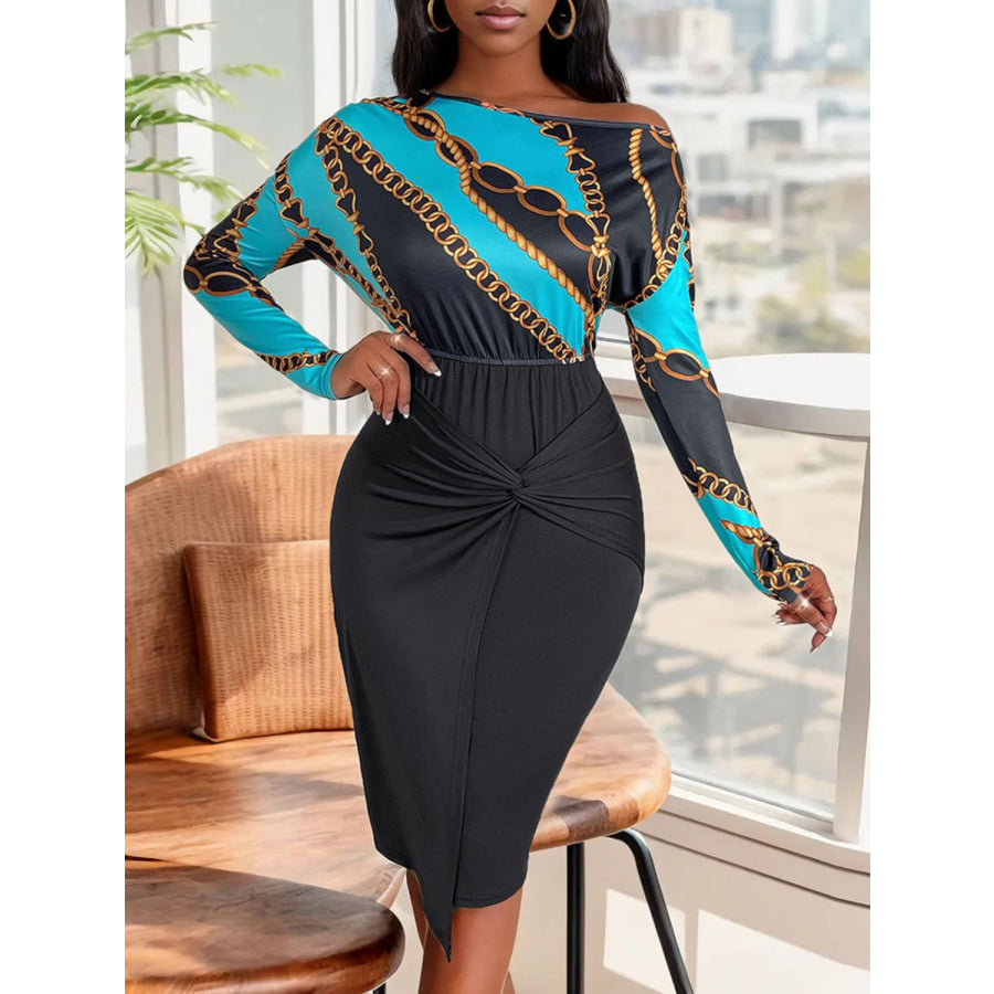 Perfee Twisted Printed Long Sleeve Dress Apparel and Accessories