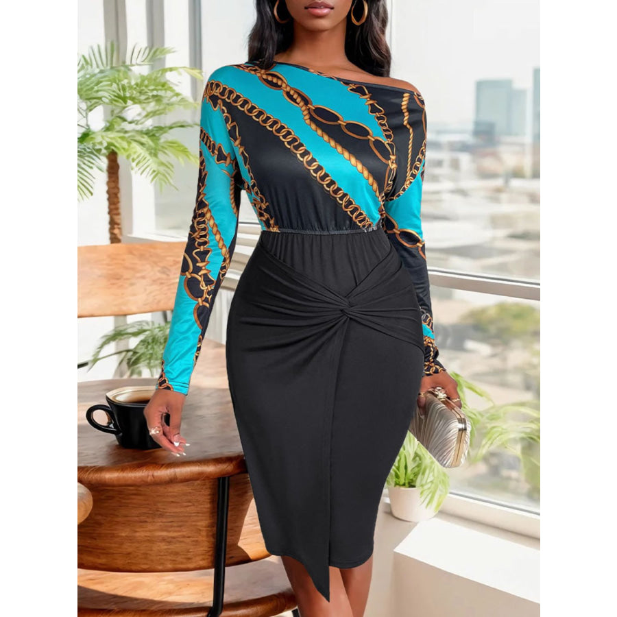 Perfee Twisted Printed Long Sleeve Dress Black / S Apparel and Accessories