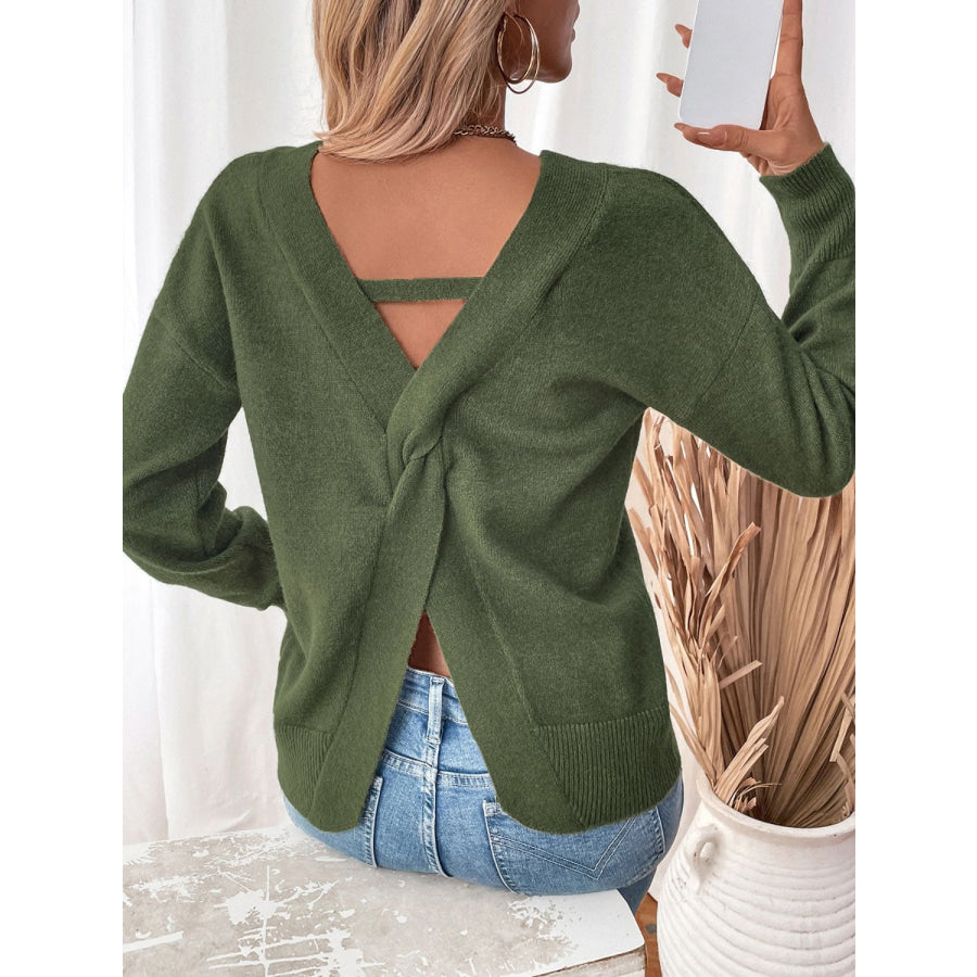 Perfee Twisted V-Neck Long Sleeve Sweatshirt Apparel and Accessories