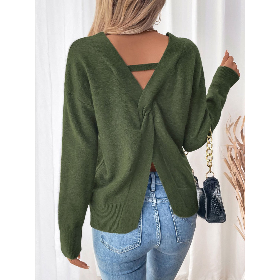 Perfee Twisted V-Neck Long Sleeve Sweatshirt Apparel and Accessories