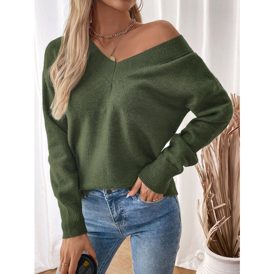 Perfee Twisted V-Neck Long Sleeve Sweatshirt Army Green / S Apparel and Accessories