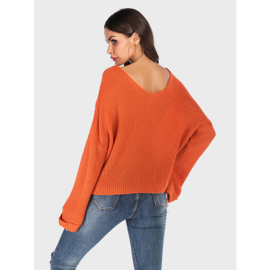 Perfee V-Neck Dropped Shoulder Long Sleeve Sweater Apparel and Accessories