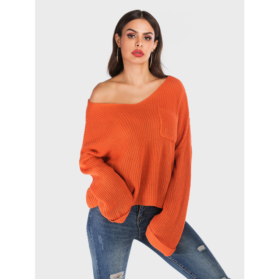 Perfee V-Neck Dropped Shoulder Long Sleeve Sweater Apparel and Accessories