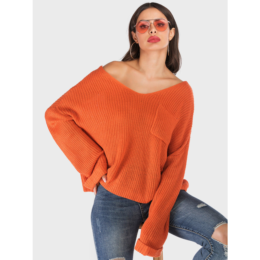 Perfee V-Neck Dropped Shoulder Long Sleeve Sweater Apparel and Accessories