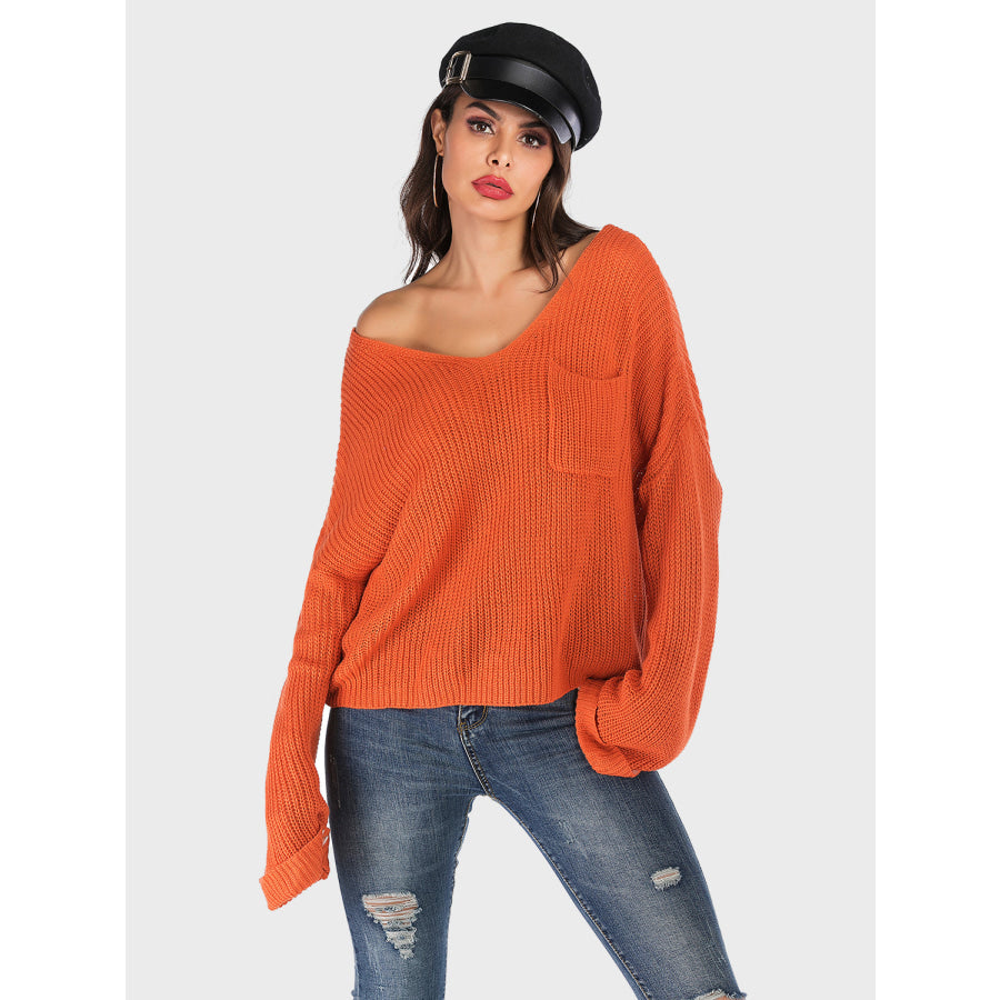 Perfee V-Neck Dropped Shoulder Long Sleeve Sweater Orange / S Apparel and Accessories