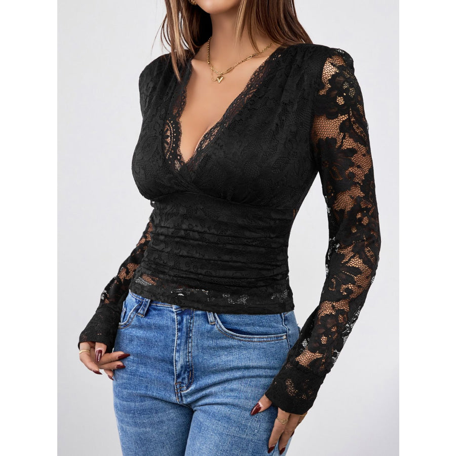 Perfee V-Neck Long Sleeve Lace Top Apparel and Accessories