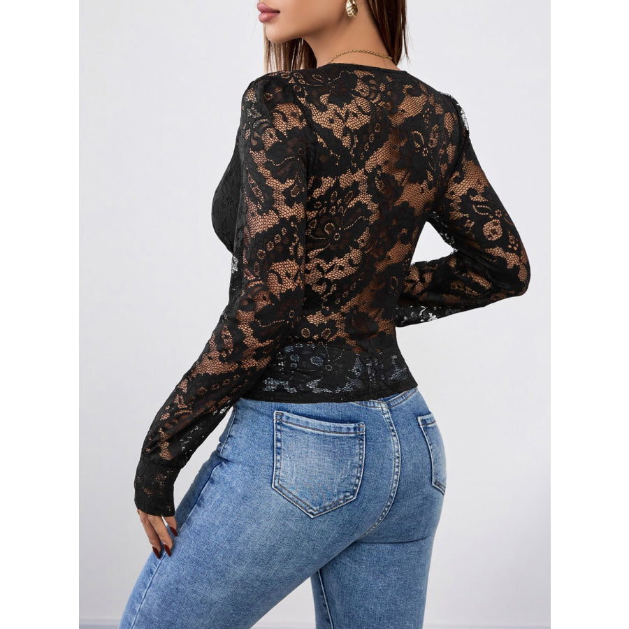 Perfee V-Neck Long Sleeve Lace Top Black / M Apparel and Accessories