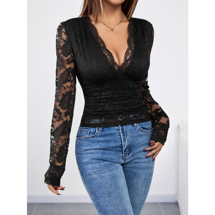 Perfee V-Neck Long Sleeve Lace Top Apparel and Accessories