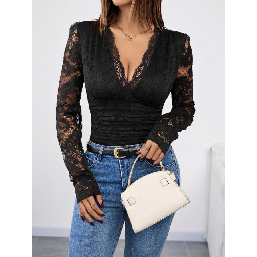 Perfee V-Neck Long Sleeve Lace Top Apparel and Accessories