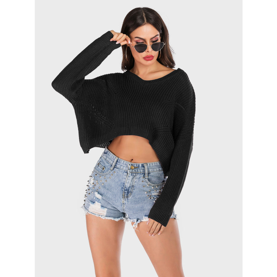 Perfee V-Neck Long Sleeve Sweater Apparel and Accessories