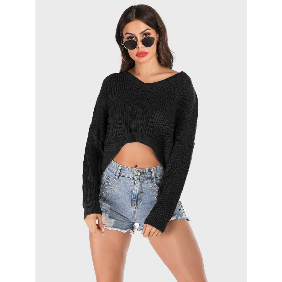 Perfee V-Neck Long Sleeve Sweater Apparel and Accessories