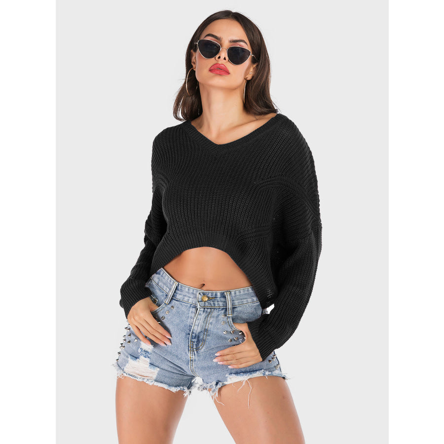 Perfee V-Neck Long Sleeve Sweater Black / S Apparel and Accessories