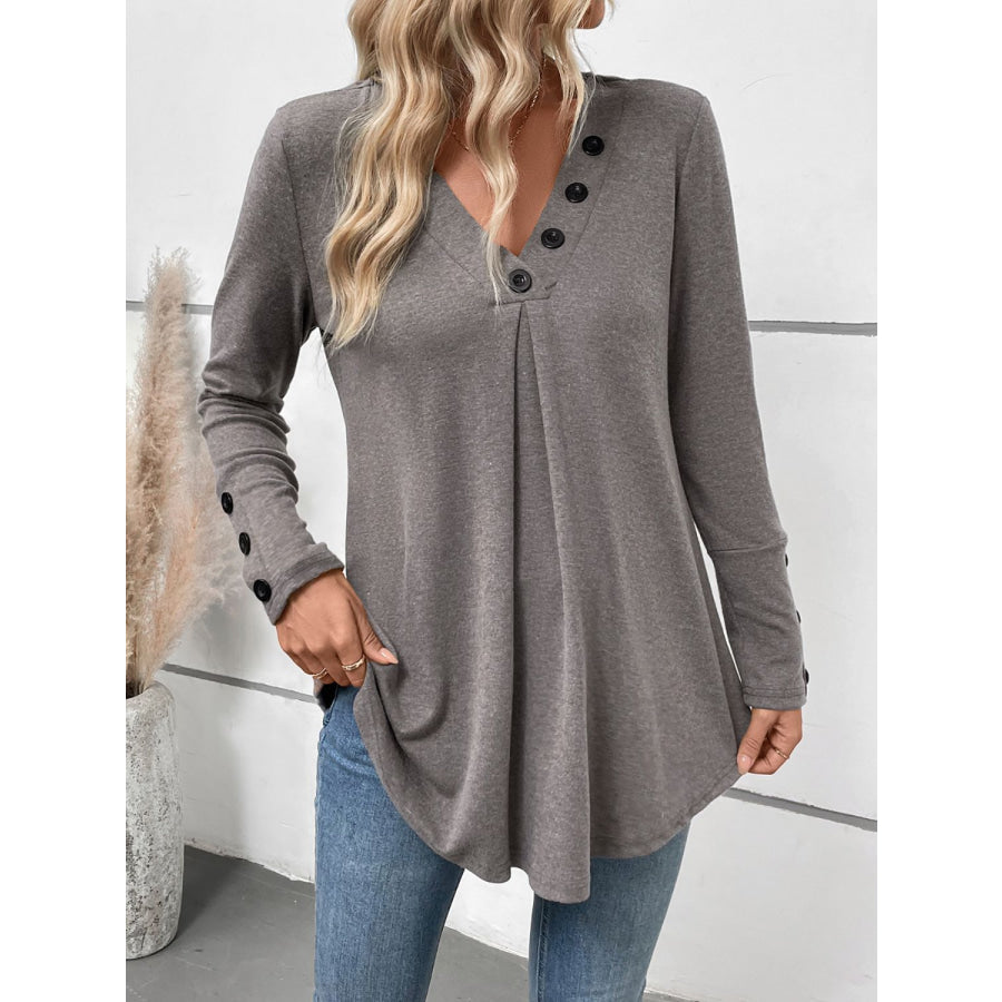 Perfee V-Neck Long Sleeve T-Shirt Gray / S Apparel and Accessories