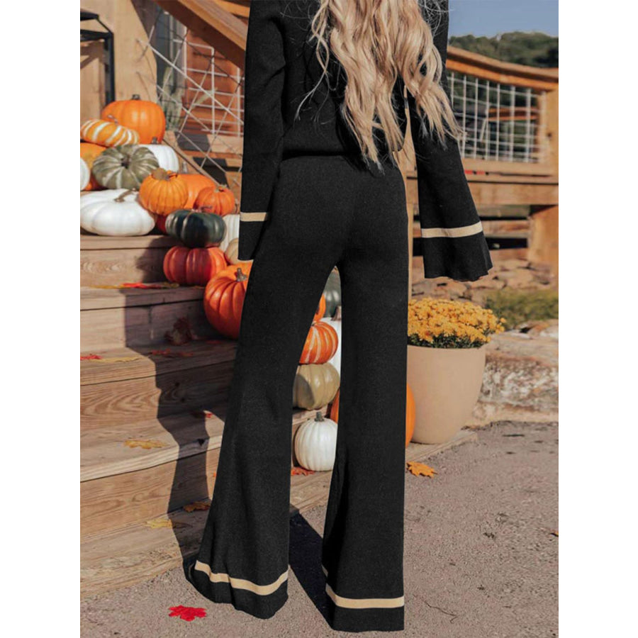 Perfee V-Neck Long Sleeve Top and Pants Set Black / S Apparel and Accessories