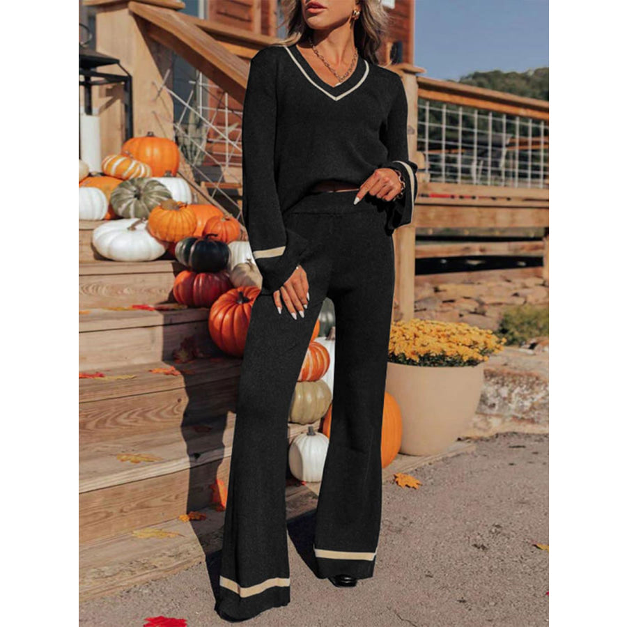 Perfee V-Neck Long Sleeve Top and Pants Set Black / S Apparel and Accessories