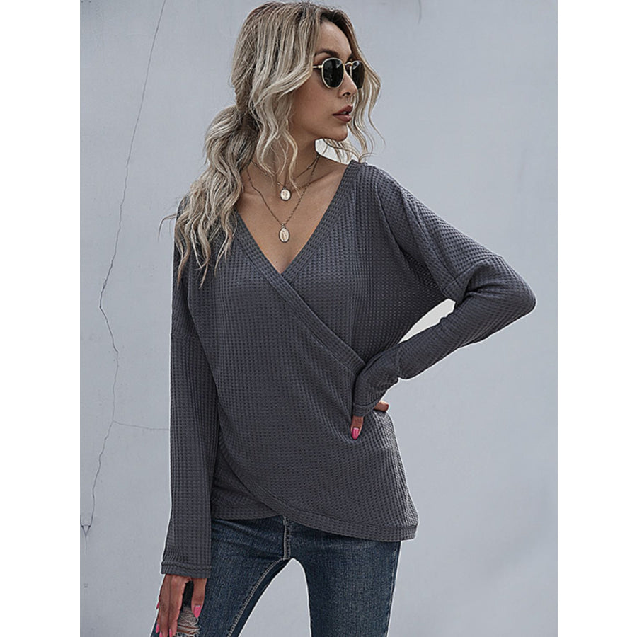 Perfee Waffle-Knit Surplice Long Sleeve Top Apparel and Accessories