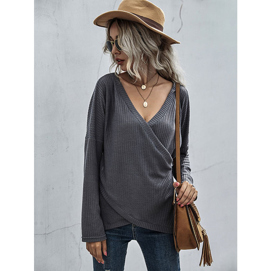 Perfee Waffle-Knit Surplice Long Sleeve Top Dark Gray / S Apparel and Accessories