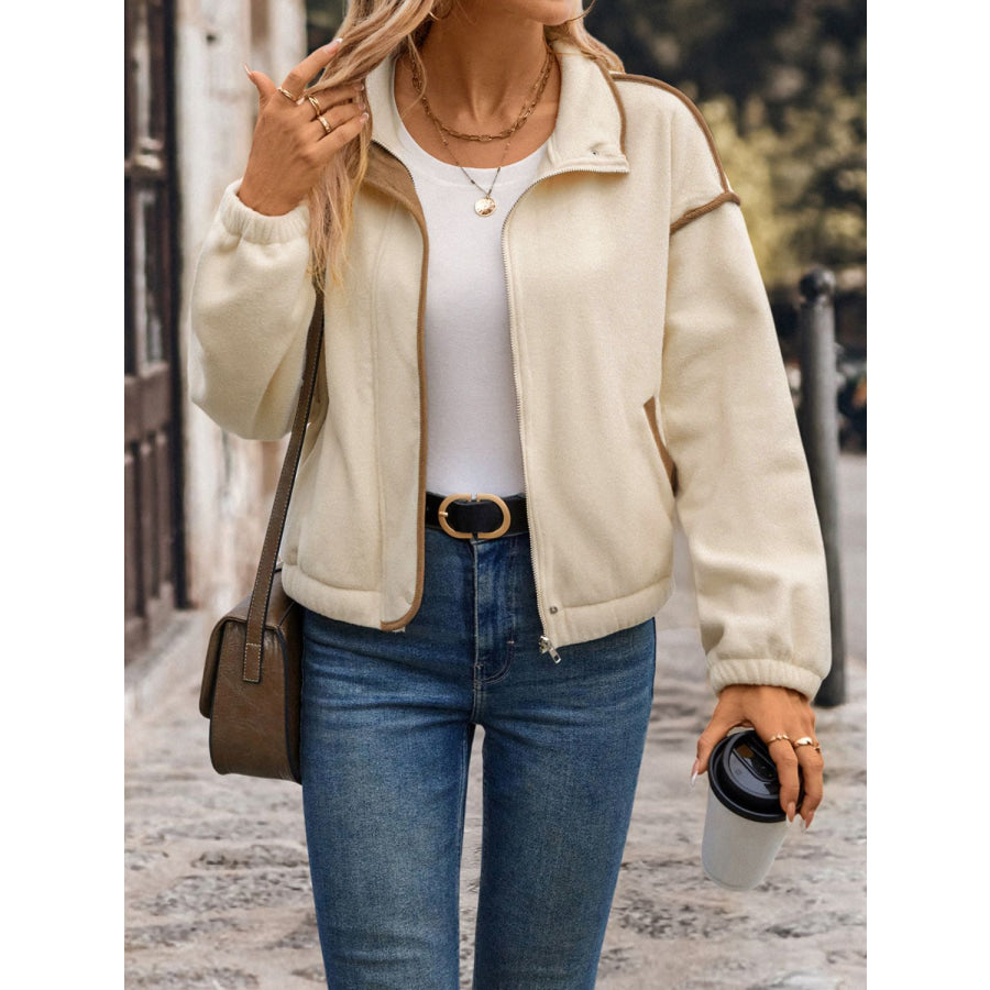 Perfee Zip Up Dropped Shoulder Polar Fleece Jacket Cream / S Apparel and Accessories