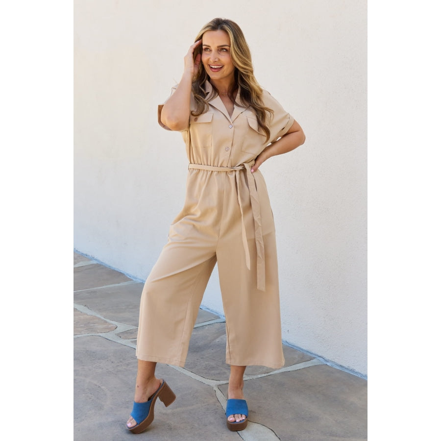 Petal Dew All In One Full Size Solid Jumpsuit Tan / S