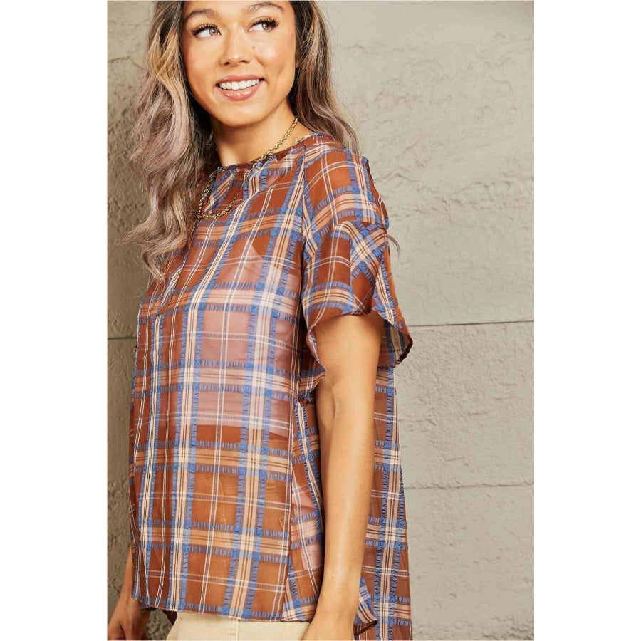 Petal Dew For You Short Sleeve Plaid Top Clothing