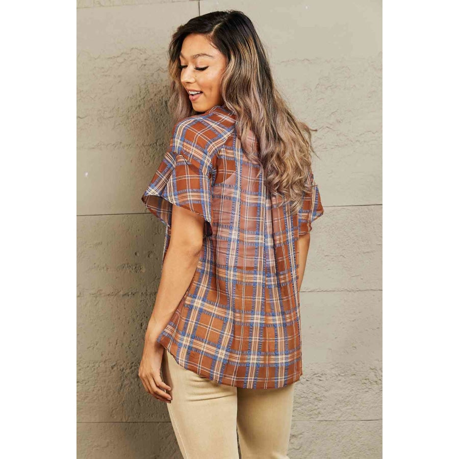 Petal Dew For You Short Sleeve Plaid Top Plaid / S Clothing