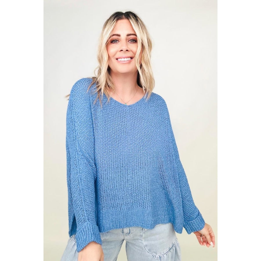 Petal Dew Round Neck Light Knit Sweater Parisian Blue / S Sweaters