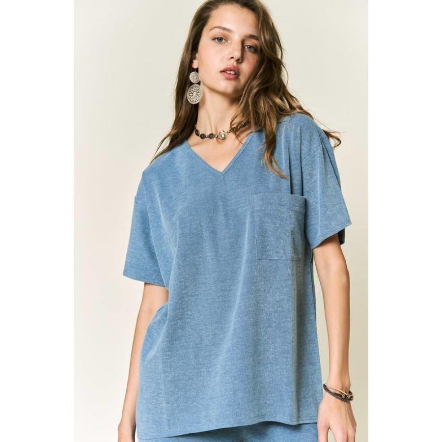 Petal Dew Solid V Neck Short Sleeve Loose Fit T-Shirt Denim Blue / S T-shirts