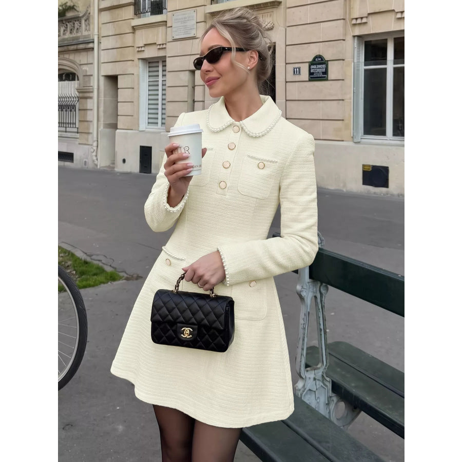 Peter Pan Collar Button-Front Tweed Mini Dress Beige / S Apparel and Accessories