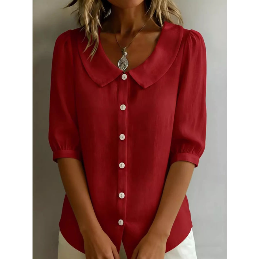 Peter Pan Collar Puff Sleeve Shirt Deep Red / S Apparel and Accessories