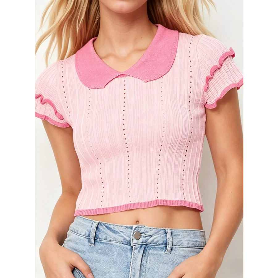 Peter Pan Collar Short Sleeve T-Shirt Pink / One Size Apparel and Accessories