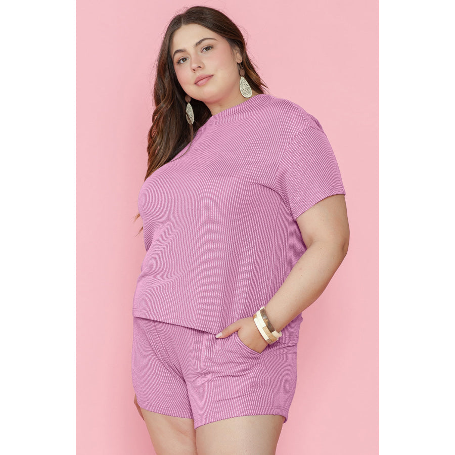 Phalaenopsis Ribbed Knit T Shirt and Shorts Plus Size Lounge Set Plus Size/Plus Size Loungewear