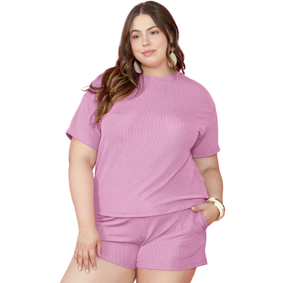 Phalaenopsis Ribbed Knit T Shirt and Shorts Plus Size Lounge Set Plus Size/Plus Size Loungewear