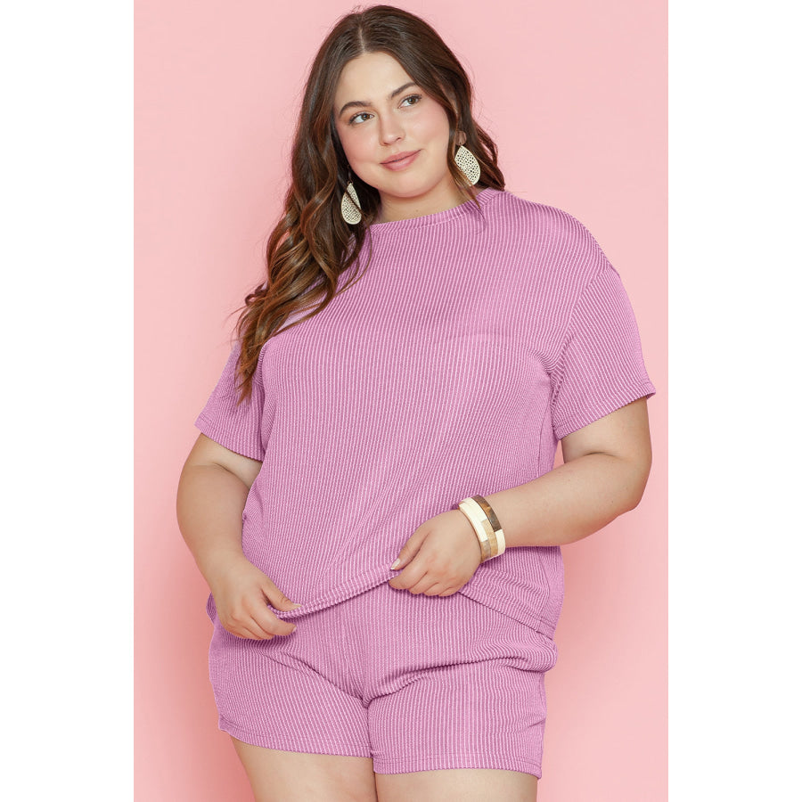 Phalaenopsis Ribbed Knit T Shirt and Shorts Plus Size Lounge Set Plus Size/Plus Size Loungewear