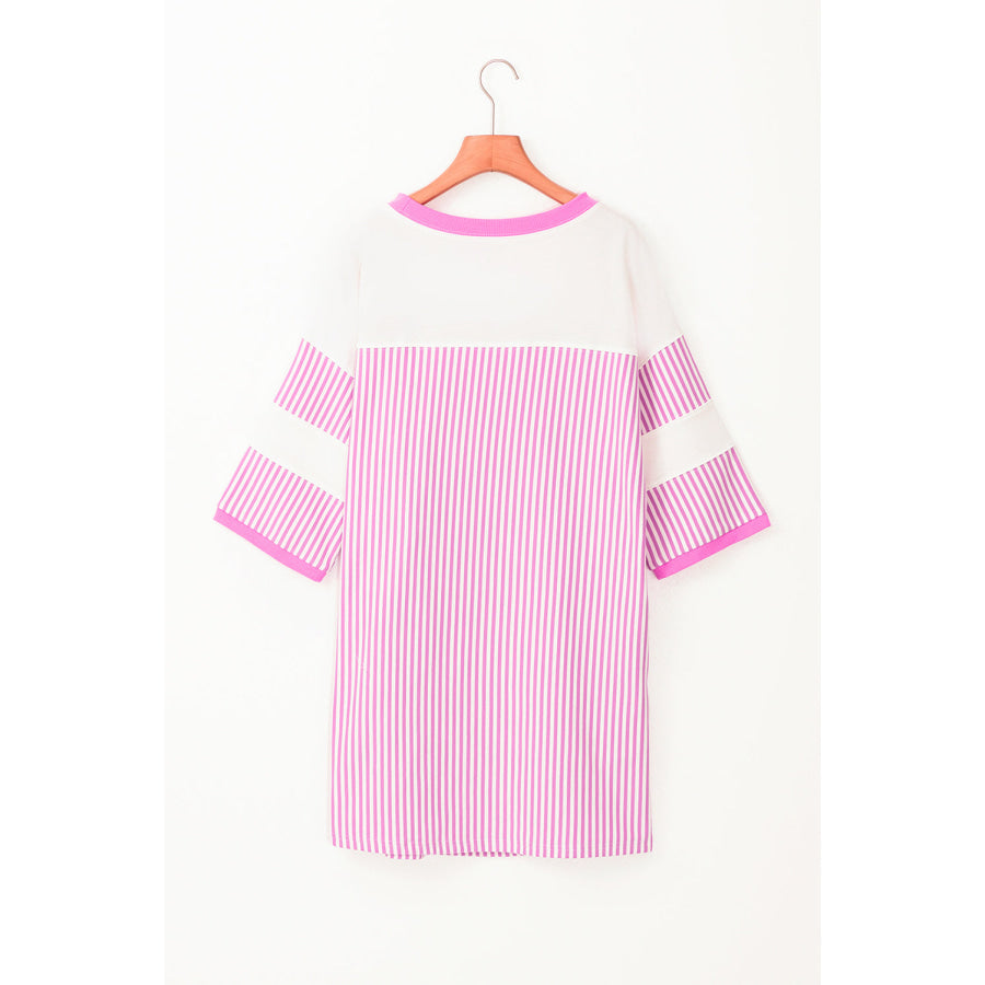 Phalaenopsis Striped Patchwork Three Quarters Sleeve Loose Mini Dress Dresses/Mini Dresses