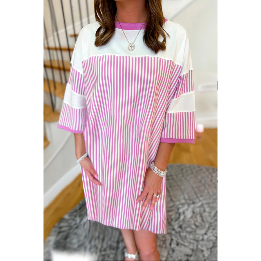 Phalaenopsis Striped Patchwork Three Quarters Sleeve Loose Mini Dress Phalaenopsis / S / 95% Cotton + 5% Elastane Dresses/Mini Dresses