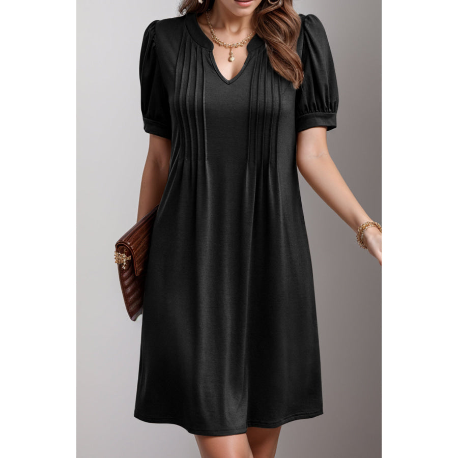 Pin - Tuck Notched Short Sleeve Dress Apparel and Accessories