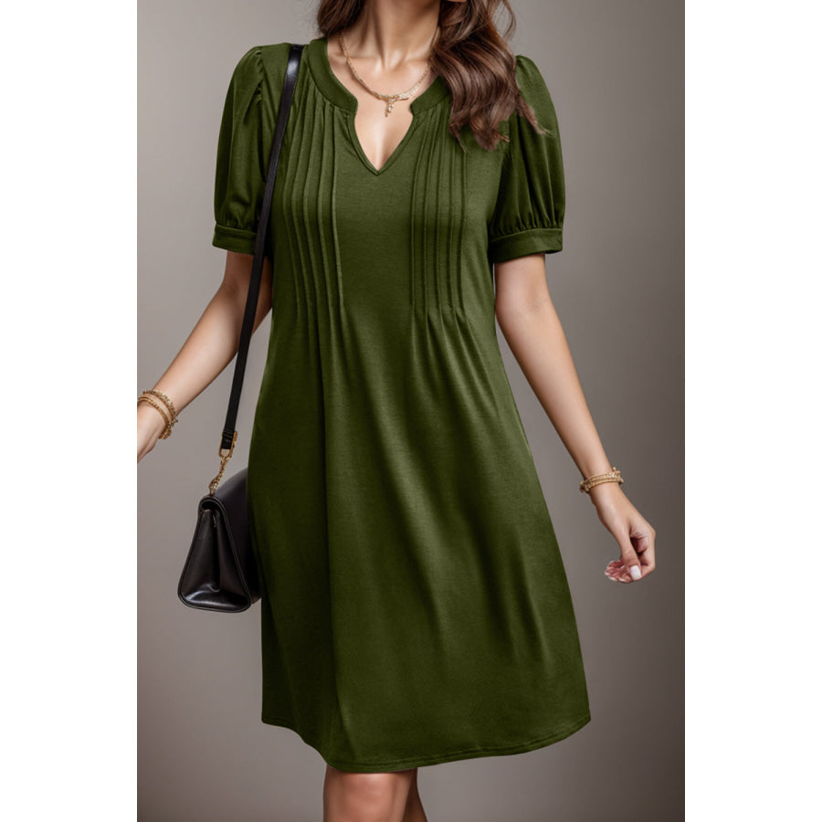 Pin - Tuck Notched Short Sleeve Dress Apparel and Accessories