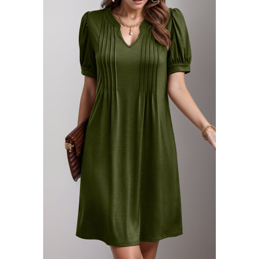 Pin - Tuck Notched Short Sleeve Dress Army Green / S Apparel and Accessories