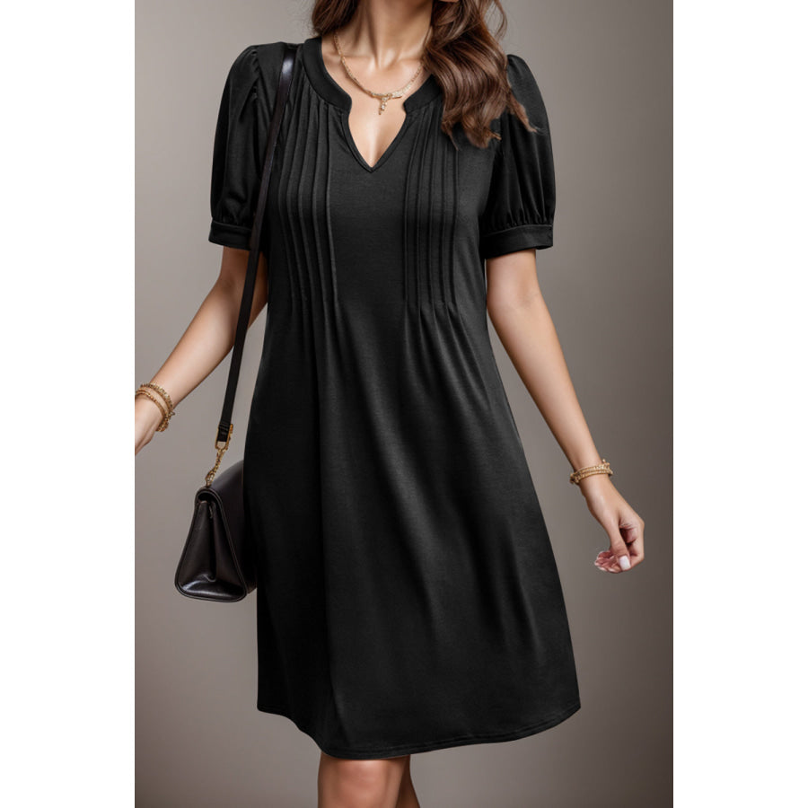 Pin - Tuck Notched Short Sleeve Dress Black / S Apparel and Accessories