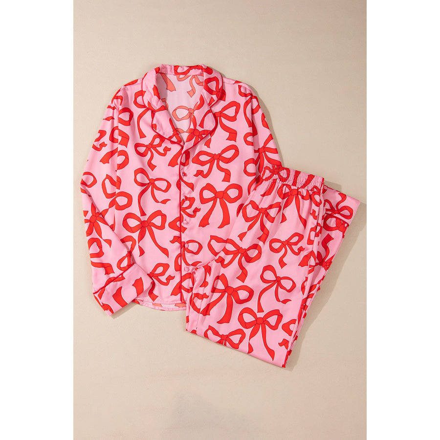 Pink 2pcs Bow Print Shirt Style Long Sleeve Pajama Set Loungewear &amp; Sleepwear/Sleepwear